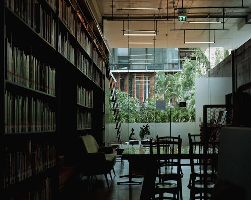 A well-lit library space with indirect natural light coming from architectural features